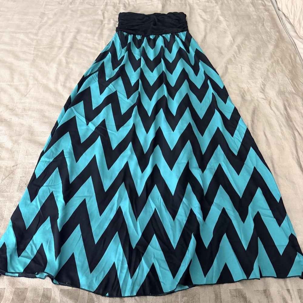 NYMPHE Dress Medium Teal Green Black Chevron Strapless Maxi Lined Boho Sundress